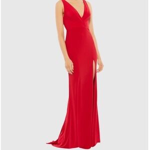 Ieena Mac Duggal Red Jersey Gown V Neck Draped Side Slit Formal Sz 4